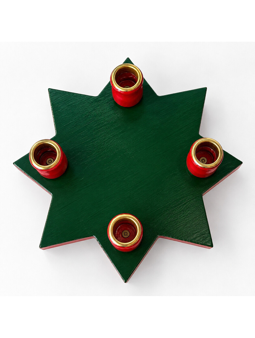 Vintage Wooden Advent Candle Holder 4 Light Christmas Star Brass Cups Red Green